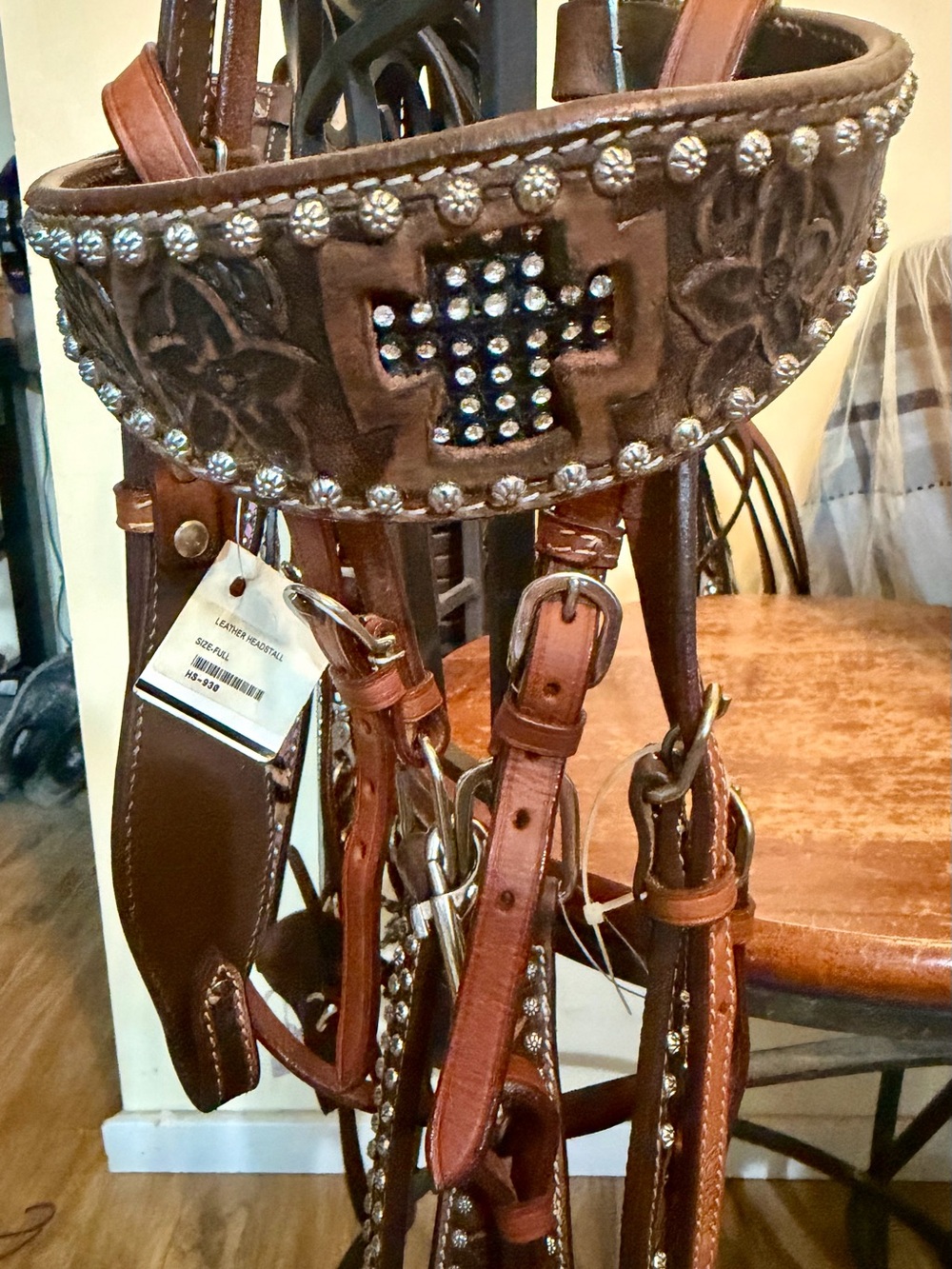 Studded Tooled Leather Headstall in Brown Cross Accent & matching Breastcollar